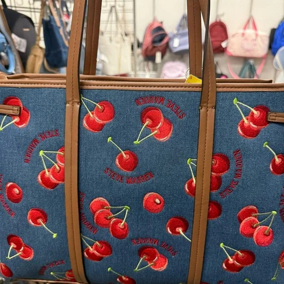 Steve Madden Stylish Cherry Embroidered Denim Tote Bag - Picture 3 of 4